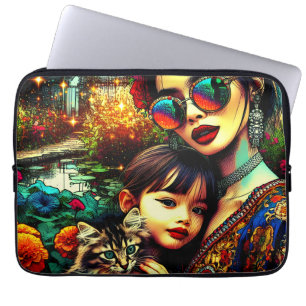 Housse Pour Ordinateur Portable Art coloré Maman et fille Jardin de fleurs asiatiq