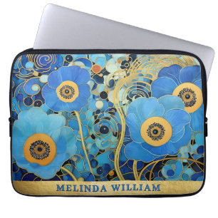 Housse Pour Ordinateur Portable Art de nom personnalisé Fleurs bleues Or Abstrait