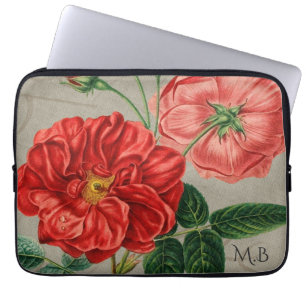 Housse Pour Ordinateur Portable Art de rose rouge antique sur monogramme gris