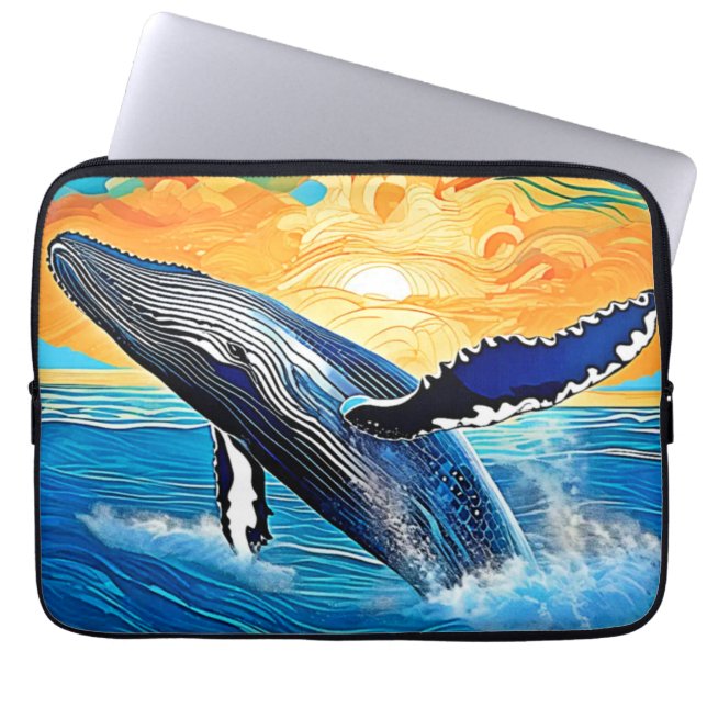 Housse Pour Ordinateur Portable Art du saut du coucher de soleil sur une baleine à (Devant)