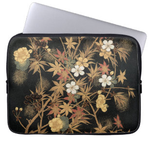 Housse Pour Ordinateur Portable Art floral automnal vintage japonais or noir