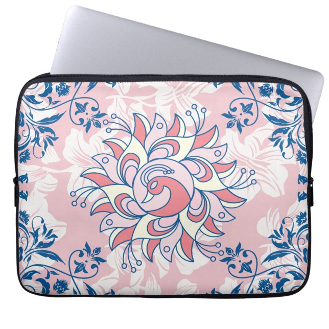 Housse Pour Ordinateur Portable Art Floral bleu et rose, Vie Lumineuse (Devant)