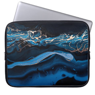 Housse Pour Ordinateur Portable Art liquide. Or métallique liquide en bleu abstrai