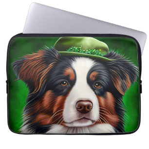 Housse Pour Ordinateur Portable Australian Shepherd dog en tenue de St. Patrick's