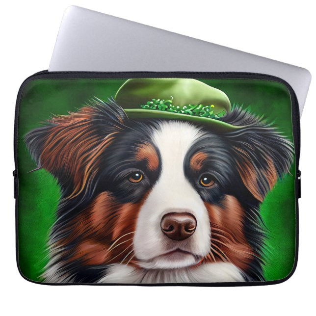 Housse Pour Ordinateur Portable Australian Shepherd dog en tenue de St. Patrick's  (Devant)