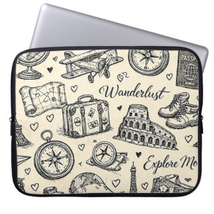 Housse Pour Ordinateur Portable Aventures de voyage vintage motif sans couture