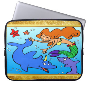 Housse Pour Ordinateur Portable Bande dessinée de sirène océan sous l'eau dauphin