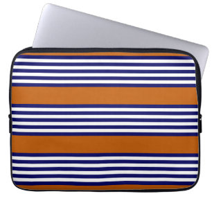 Housse Pour Ordinateur Portable Bandes bleu marine et blanc avec orange brûlé