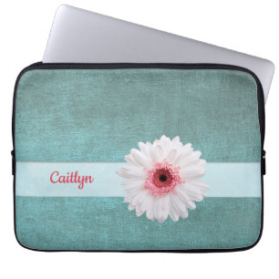 Housse Pour Ordinateur Portable Basilique blanche et rose sur turquoise