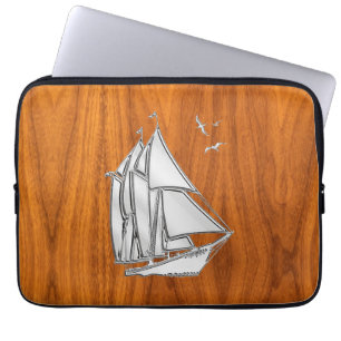 Housse Pour Ordinateur Portable Bateau à voile argenté sur décor en placage de tec