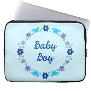 Housse Pour Ordinateur Portable Bébé bleu Papillons et fleurs personnalisés