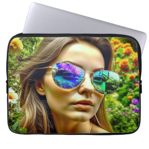 Housse Pour Ordinateur Portable Belle fille avec lunettes de soleil Fleurs de réfl