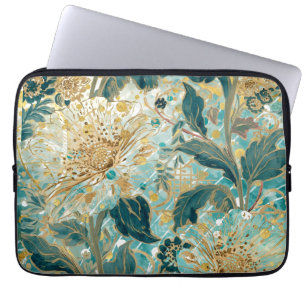 Housse Pour Ordinateur Portable Belles fleurs épanouies avec motif vert or
