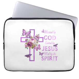 Housse Pour Ordinateur Portable Béni par Dieu sauvé par Jésus Croix Florale pourpr