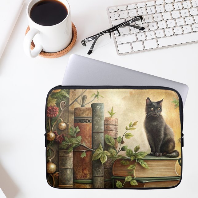 Housse Pour Ordinateur Portable Bibliothèque de chat noir enchantée (Créateur téléchargé)