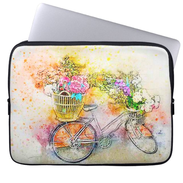 Housse Pour Ordinateur Portable Bicyclette et fleurs  (Devant)