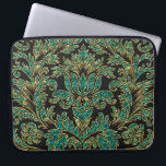 Housse Pour Ordinateur Portable Black Blue Green & Gold Vintage Floral Damas<br><div class="desc">Elégant design vintage damas floraux avec damas  noir arrière - plan et vintage floral avec texture de parties scintillant bleu-vert et touche d'or.</div>