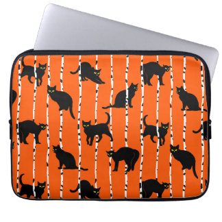 Housse Pour Ordinateur Portable Black Cats and Birch Branches on Vibrant Orange