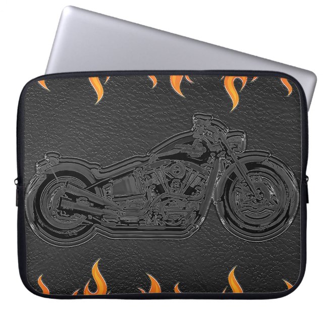 Housse Pour Ordinateur Portable Black Leather Orange Flames (Devant)