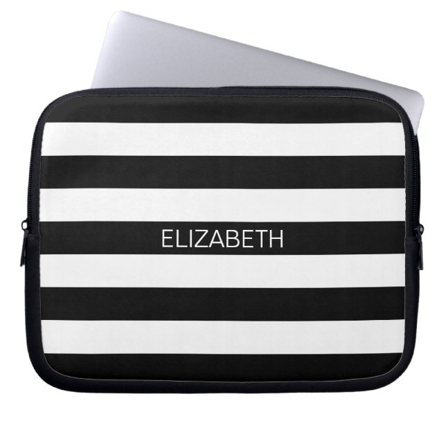 Housse Pour Ordinateur Portable Black White Horizontal Preppy Stripe Nom monogram (Devant)
