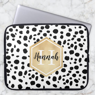 Housse Pour Ordinateur Portable Black White Spots Motif Gold Monogramme