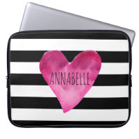 Black + White Stripes Aquarelle Monogramme du coeu