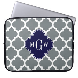 Housse Pour Ordinateur Portable Blanc Charbon Marocain #5 Navy 3 Monogramme Initia