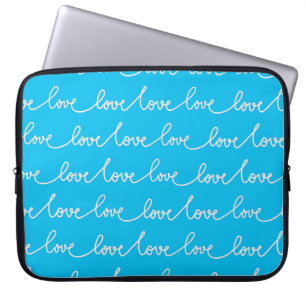 HOUSSE POUR ORDINATEUR PORTABLE BLEU CLAIR AVEC SCRIPT D'AMOUR BLANC