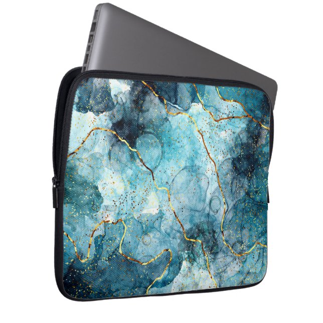 Housse Pour Ordinateur Portable Bleu et doré marbre (Devant droit)