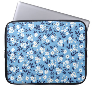 Housse Pour Ordinateur Portable Bleu, Fleurs blanches : Vintage