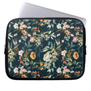 Housse Pour Ordinateur Portable Bleu foncé Vintage Motif de fleurs de jardin