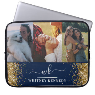 Housse Pour Ordinateur Portable Bleu Glam Gold Parties scintillant 3 Photo Collage