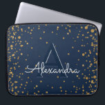 Housse Pour Ordinateur Portable Bleu marine et monogramme de confettis d'or<br><div class="desc">Bleu marine et cas élégant de monogramme de confettis d'or. Ce cas peut être customisé pour inclure votre initiale et prénom.</div>