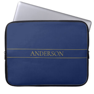 Housse Pour Ordinateur Portable Bleu marine et nom de famille ou entreprise en or 