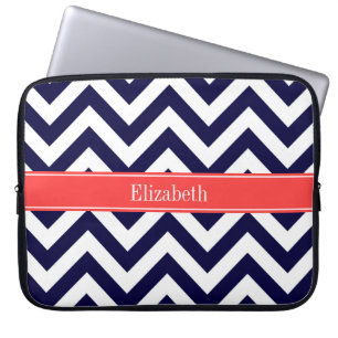 Housse Pour Ordinateur Portable Bleu marine Grand Chevron Corail Rouge Monogramme