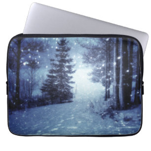 Housse Pour Ordinateur Portable Bleu Moonlit Forêt magique Scène d'hiver