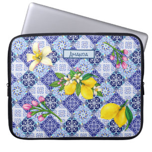 Housse Pour Ordinateur Portable Bleu sicilien carreaux céramiques d'agrumes médite