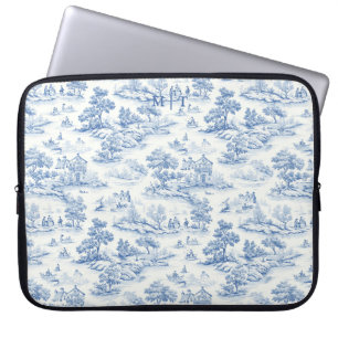 Housse Pour Ordinateur Portable Bleu Toile de Jouy Design Vintage Monogra