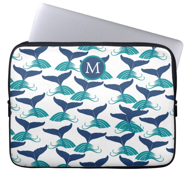 Housse Pour Ordinateur Portable Bleu Turquoise baleine Queues Monogramme (Devant)