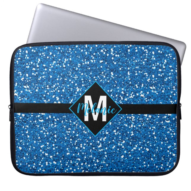 Housse Pour Ordinateur Portable Blue Faux Glitter with Monogram (Devant)