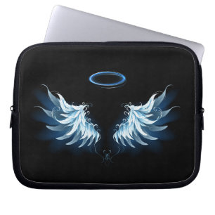 Housse Pour Ordinateur Portable Blue Glowing Angel Wings on black background