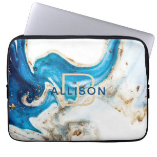 Housse Pour Ordinateur Portable Blue Gold White Marble Abstract Art Monogram