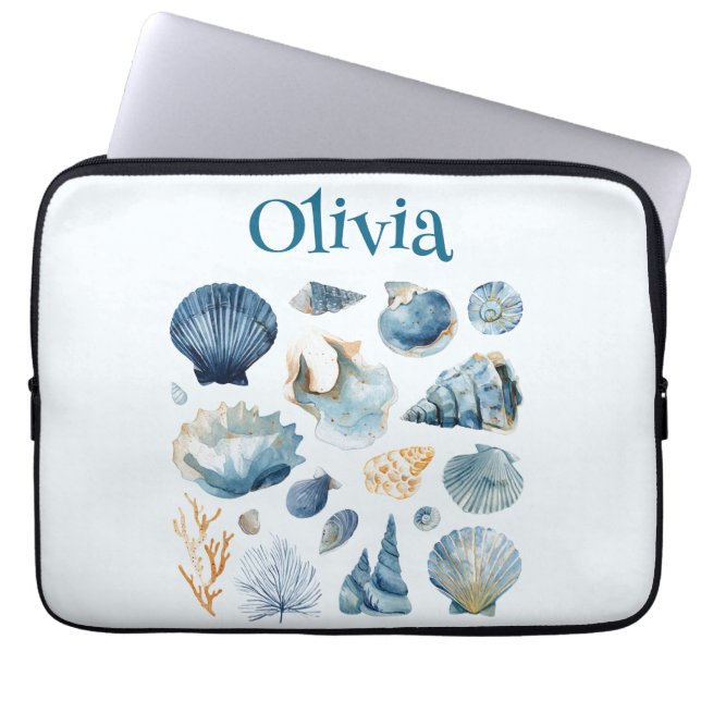 Housse Pour Ordinateur Portable Blue Seashell Laptop Sleeve | Custom Name (Devant)