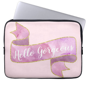 Housse Pour Ordinateur Portable Blush Rose Féminin Ruban Doré Magnifique