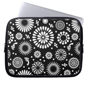 Housse Pour Ordinateur Portable Boho fleurs Motif floral vectoriel noir et blanc