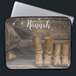 Housse Pour Ordinateur Portable Botte de cowboy de l'Ouest Monogramme de grange ru<br><div class="desc">Cette manche pour ordinateur portable rustique et amusante comprend deux bottes de cowboy et un mur de cabine en rondins avec des lampes à cordes. Pour les amateurs d'occident ou de cheval. Créé par Simply Farmhouse Press ; photo de Melanie Mauer sur Unsplash.</div>