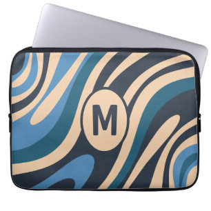 Housse Pour Ordinateur Portable Boucles ondulées Motif Abstrait Rétro Bleu Initial