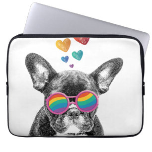 Housse Pour Ordinateur Portable Bouledogue français avec coeurs Saint-Valentin