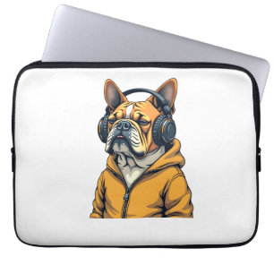 Housse Pour Ordinateur Portable Bouledogue vintage avec écouteurs portant un sweat