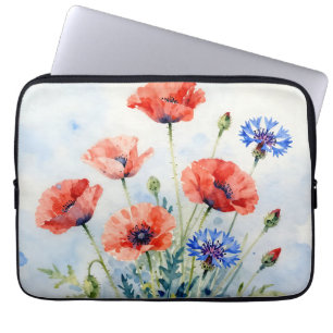 Housse Pour Ordinateur Portable Bouquet de coquelicot rouge aquarelle et de bleuet